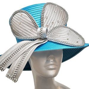 Women's designer couture satin ribbon hat church Kentucky derby Turquoise